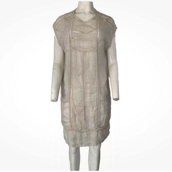 Lee Mathews Sz 4 US 100% Linen Shift Dress Beige Casual Sheer Crochet Detail